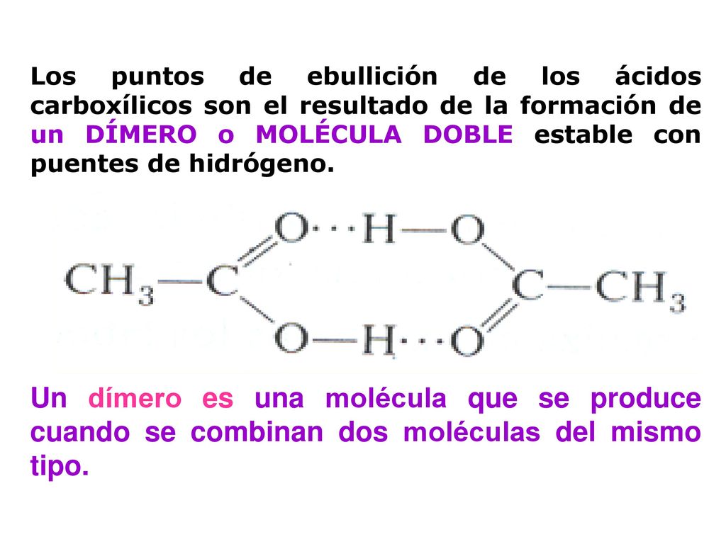 Los puntos de ebullición de los ácidos carboxílicos son el resultado de la formación de un DÍMERO o MOLÉCULA DOBLE estable con puentes de hidrógeno.