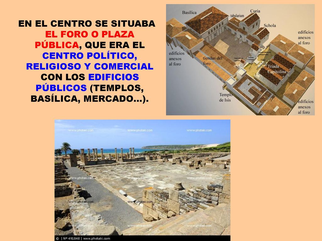 EN EL CENTRO SE SITUABA EL FORO O PLAZA PÚBLICA, QUE ERA EL CENTRO POLÍTICO, RELIGIOSO Y COMERCIAL CON LOS EDIFICIOS PÚBLICOS (TEMPLOS, BASÍLICA, MERCADO…).