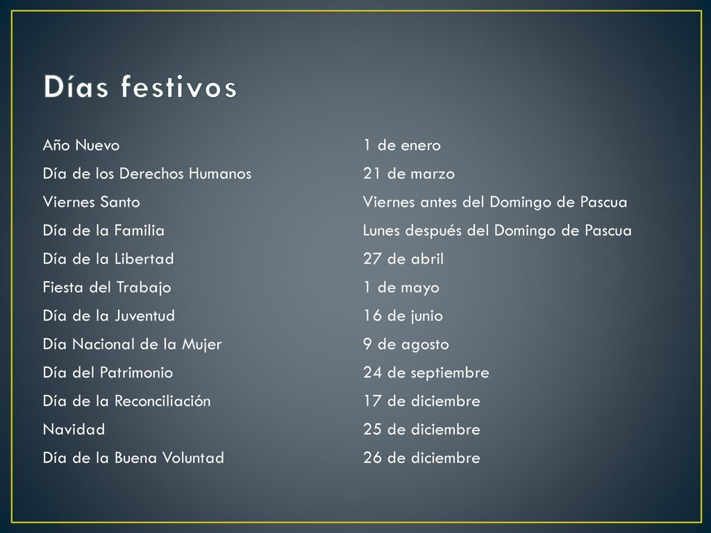 Días festivos Año Nuevo 1 de enero Día de los Derechos Humanos