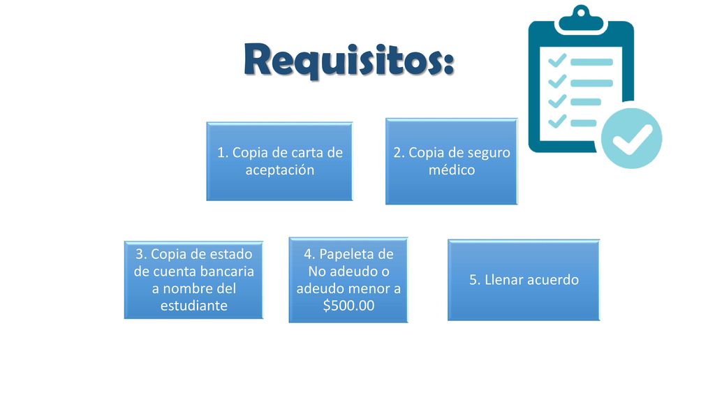 Requisitos: 2. Copia de seguro médico 1. Copia de carta de aceptación