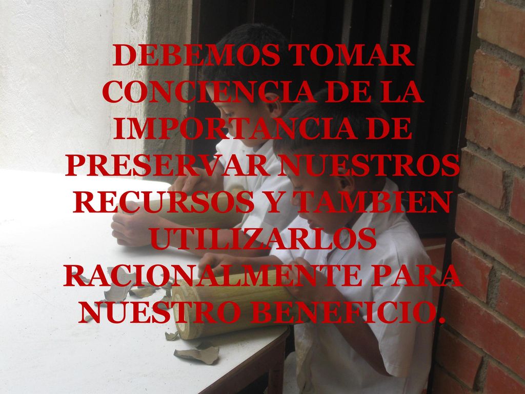 DEBEMOS TOMAR CONCIENCIA DE LA IMPORTANCIA DE PRESERVAR NUESTROS RECURSOS Y TAMBIEN UTILIZARLOS RACIONALMENTE PARA NUESTRO BENEFICIO.