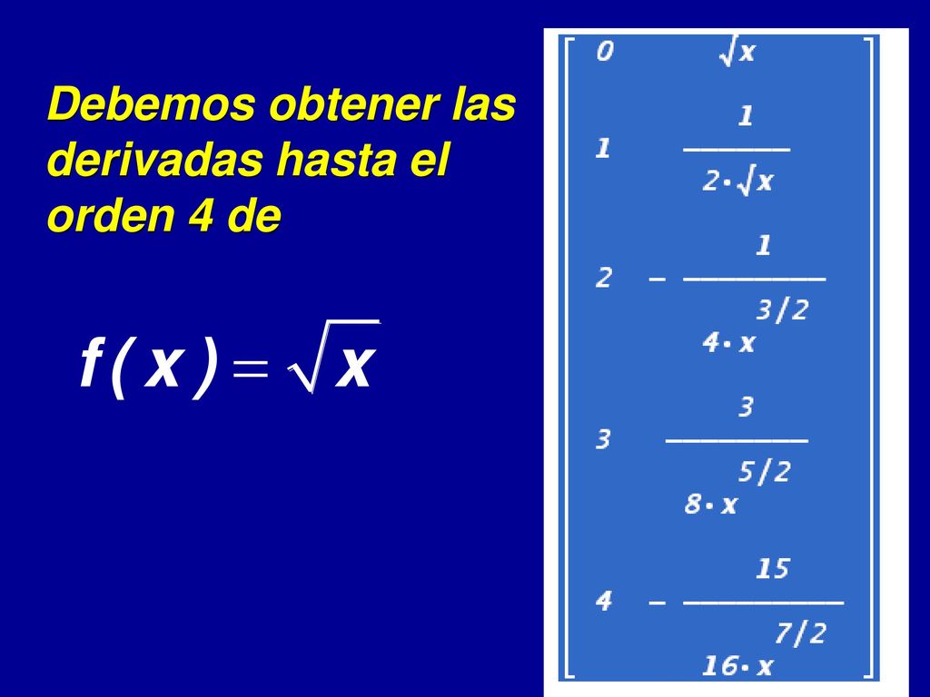 Debemos obtener las derivadas hasta el orden 4 de