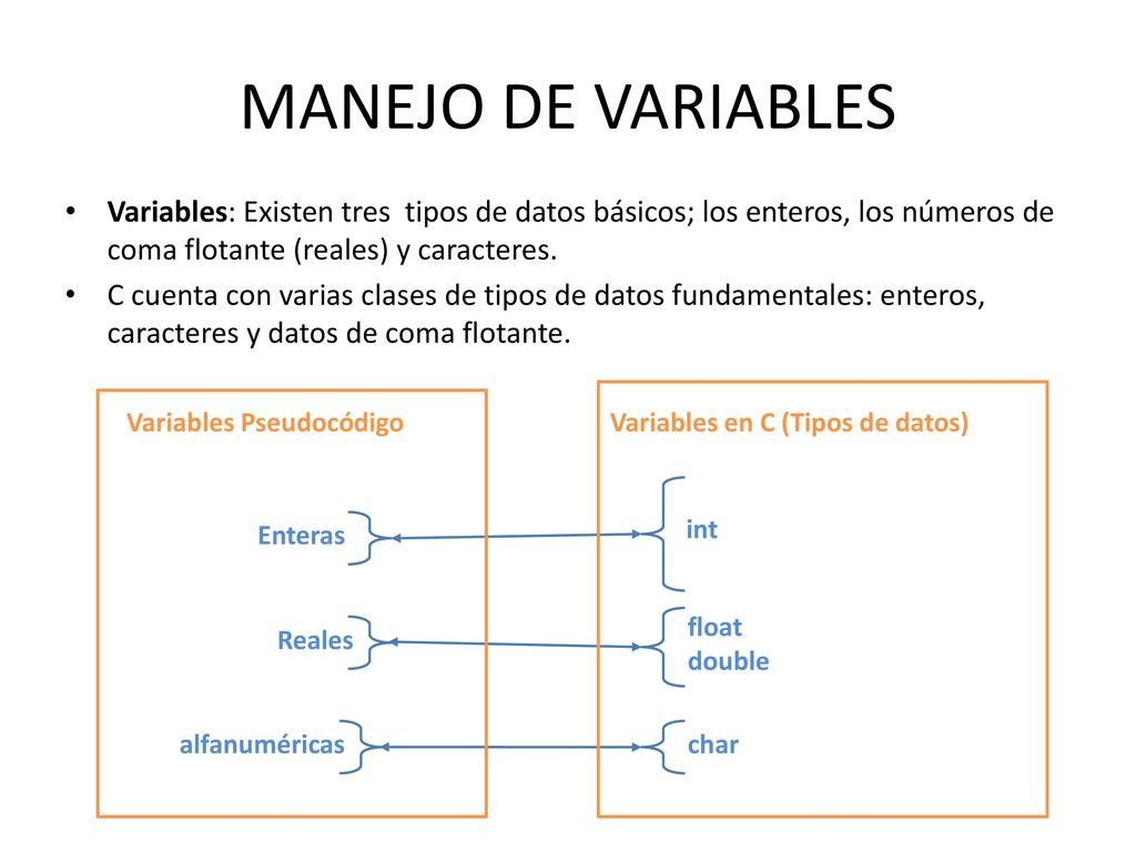 MANEJO DE VARIABLES Variables: Existen tres tipos de datos básicos; los enteros, los números de coma flotante (reales) y caracteres.