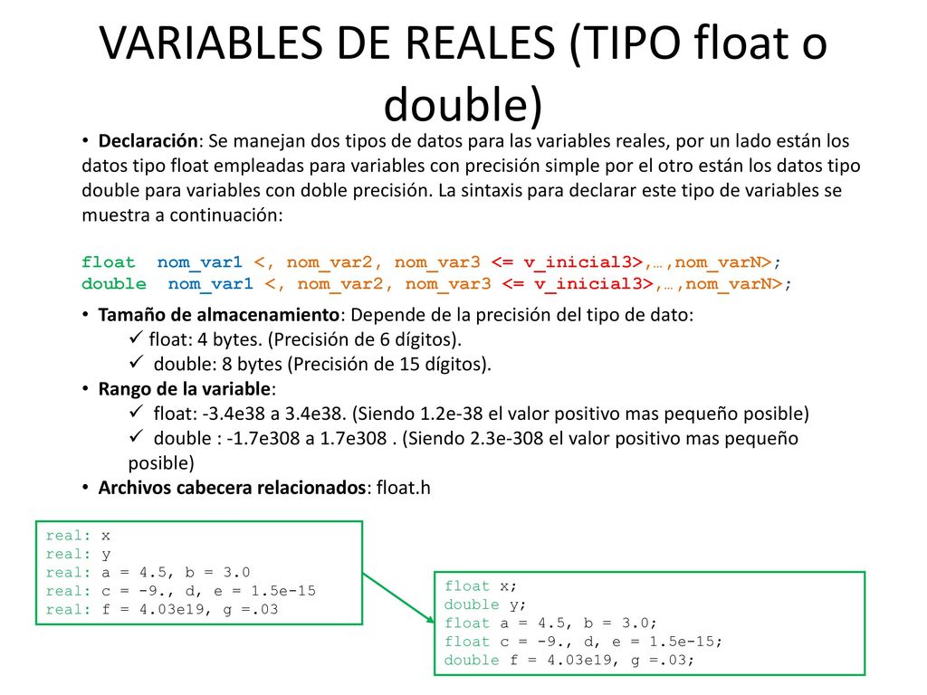 VARIABLES DE REALES (TIPO float o double)