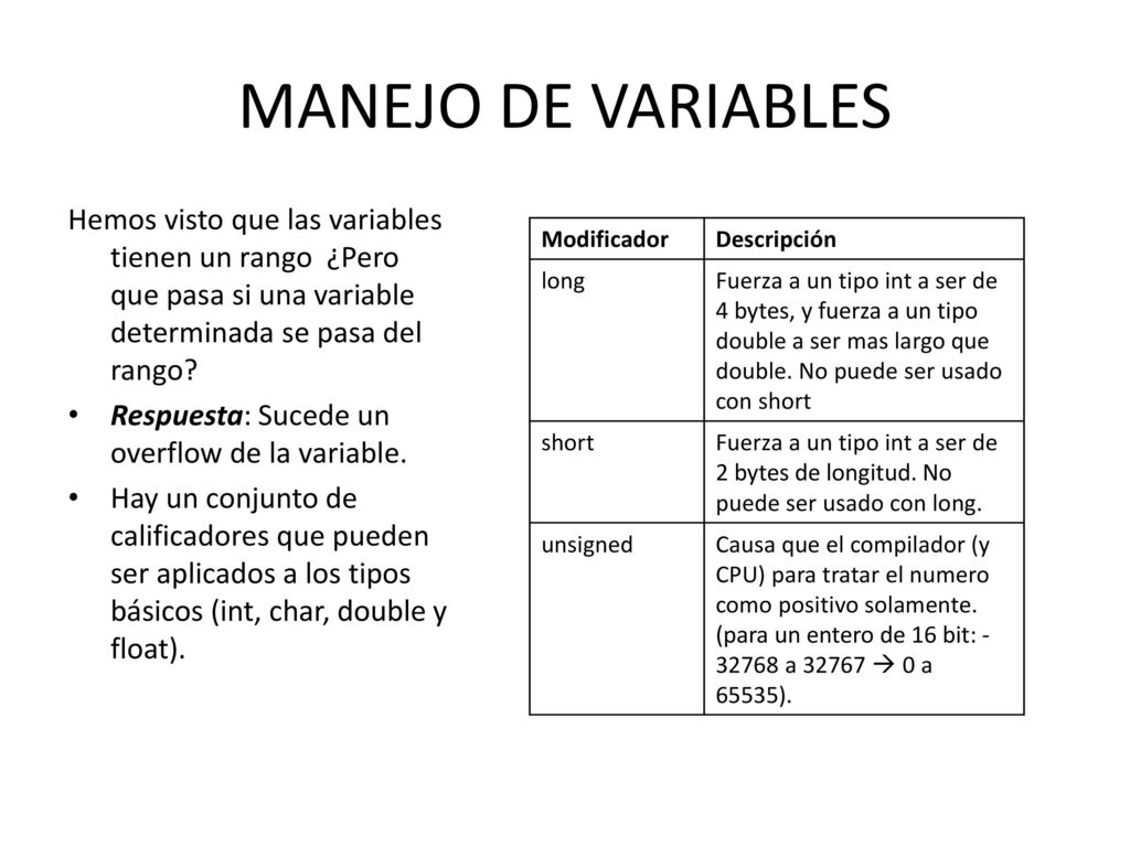 MANEJO DE VARIABLES Hemos visto que las variables tienen un rango ¿Pero que pasa si una variable determinada se pasa del rango
