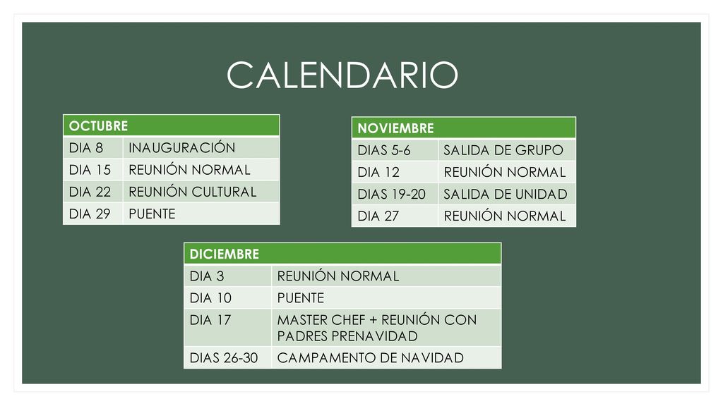 CALENDARIO OCTUBRE DIA 8 INAUGURACIÓN DIA 15 REUNIÓN NORMAL DIA 22