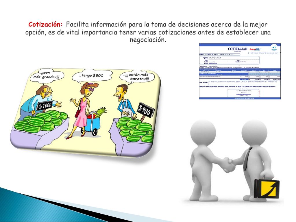 Cotización: Facilita información para la toma de decisiones acerca de la mejor opción, es de vital importancia tener varias cotizaciones antes de establecer una negociación.