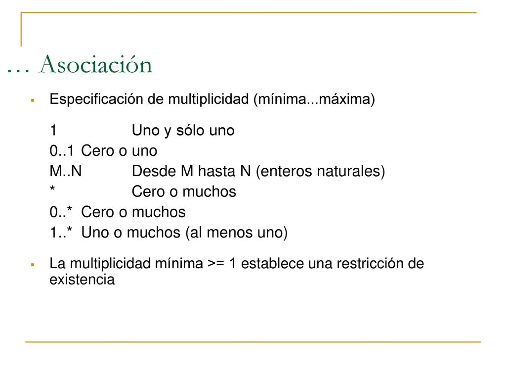 … Asociación 1 Uno y sólo uno 0..1 Cero o uno