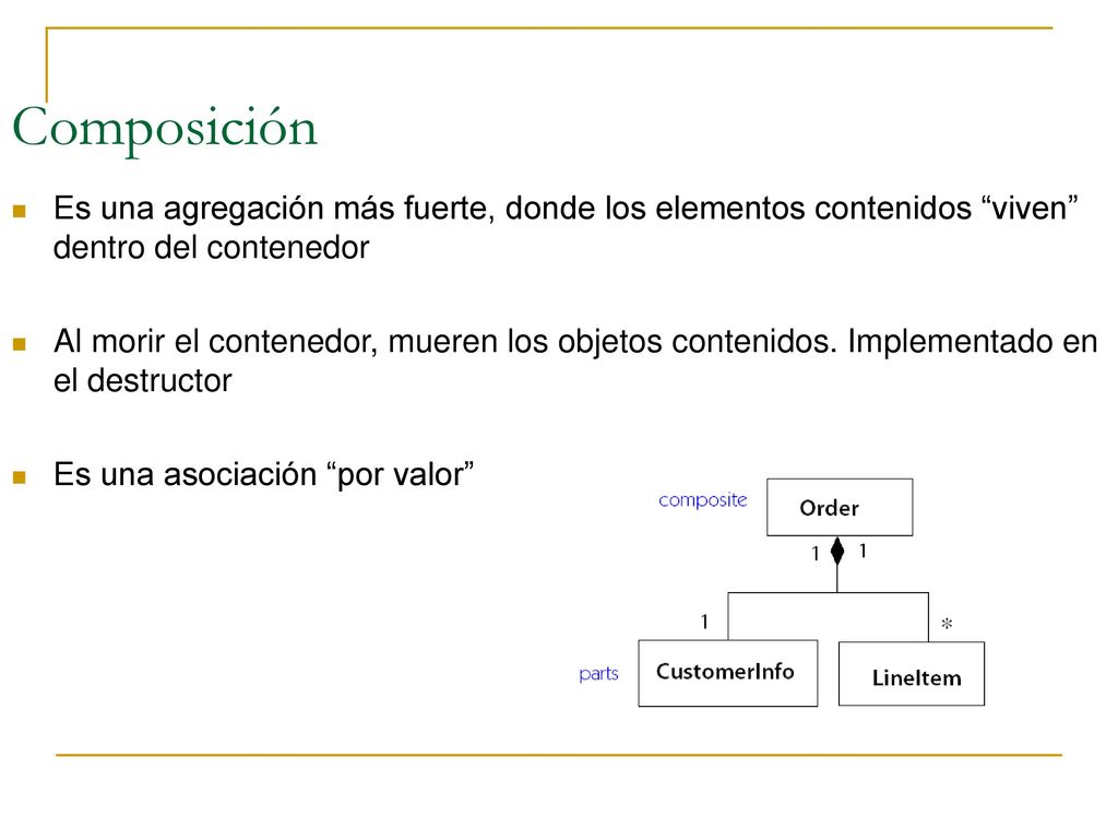 Composición Es una agregación más fuerte, donde los elementos contenidos viven dentro del contenedor.