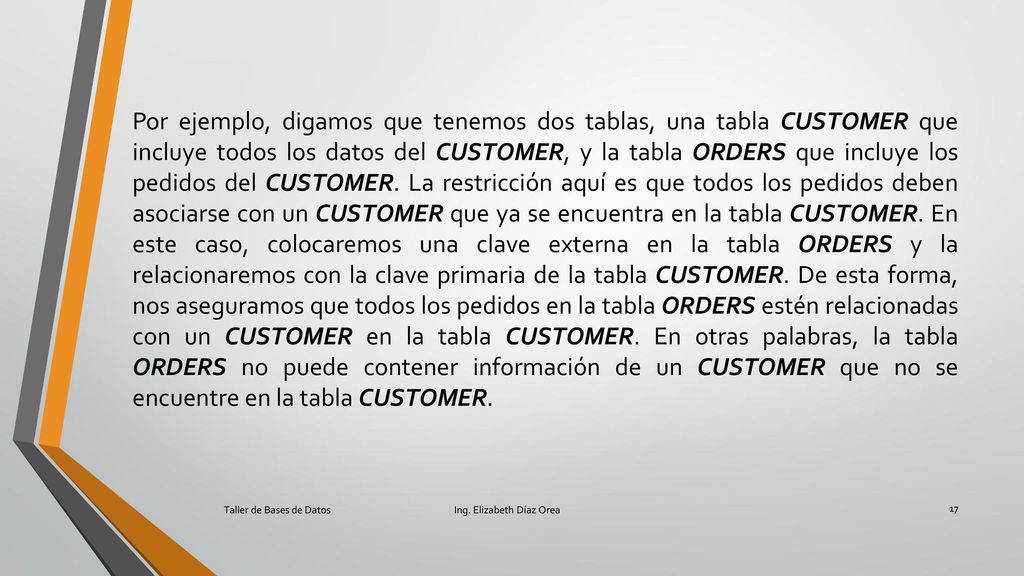 Por ejemplo, digamos que tenemos dos tablas, una tabla CUSTOMER que incluye todos los datos del CUSTOMER, y la tabla ORDERS que incluye los pedidos del CUSTOMER. La restricción aquí es que todos los pedidos deben asociarse con un CUSTOMER que ya se encuentra en la tabla CUSTOMER. En este caso, colocaremos una clave externa en la tabla ORDERS y la relacionaremos con la clave primaria de la tabla CUSTOMER. De esta forma, nos aseguramos que todos los pedidos en la tabla ORDERS estén relacionadas con un CUSTOMER en la tabla CUSTOMER. En otras palabras, la tabla ORDERS no puede contener información de un CUSTOMER que no se encuentre en la tabla CUSTOMER.
