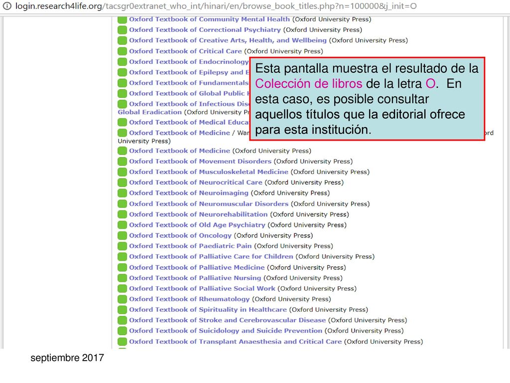 Esta pantalla muestra el resultado de la Colección de libros de la letra O. En esta caso, es posible consultar aquellos títulos que la editorial ofrece para esta institución.