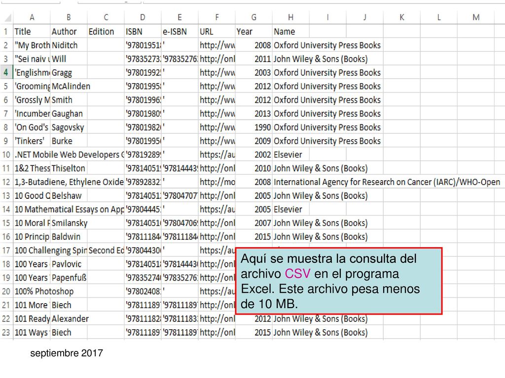 Aquí se muestra la consulta del archivo CSV en el programa Excel