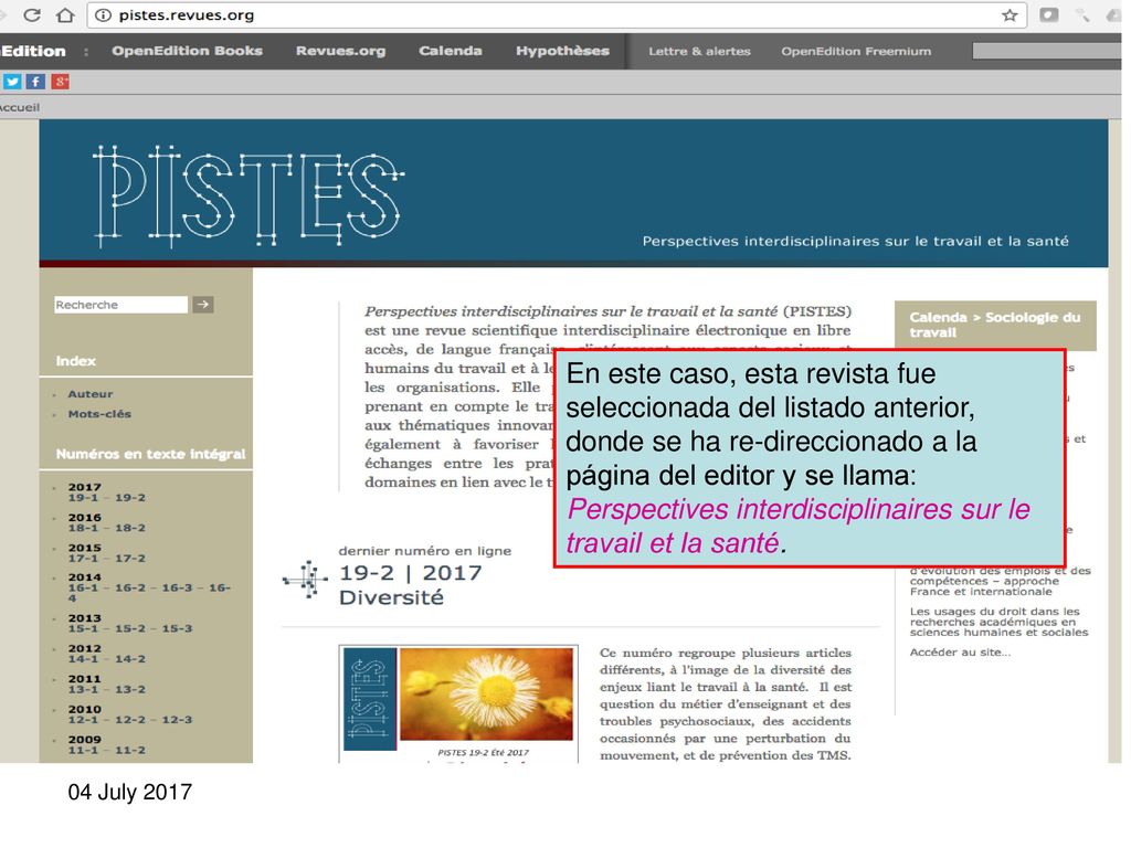 En este caso, esta revista fue seleccionada del listado anterior, donde se ha re-direccionado a la página del editor y se llama: Perspectives interdisciplinaires sur le travail et la santé.