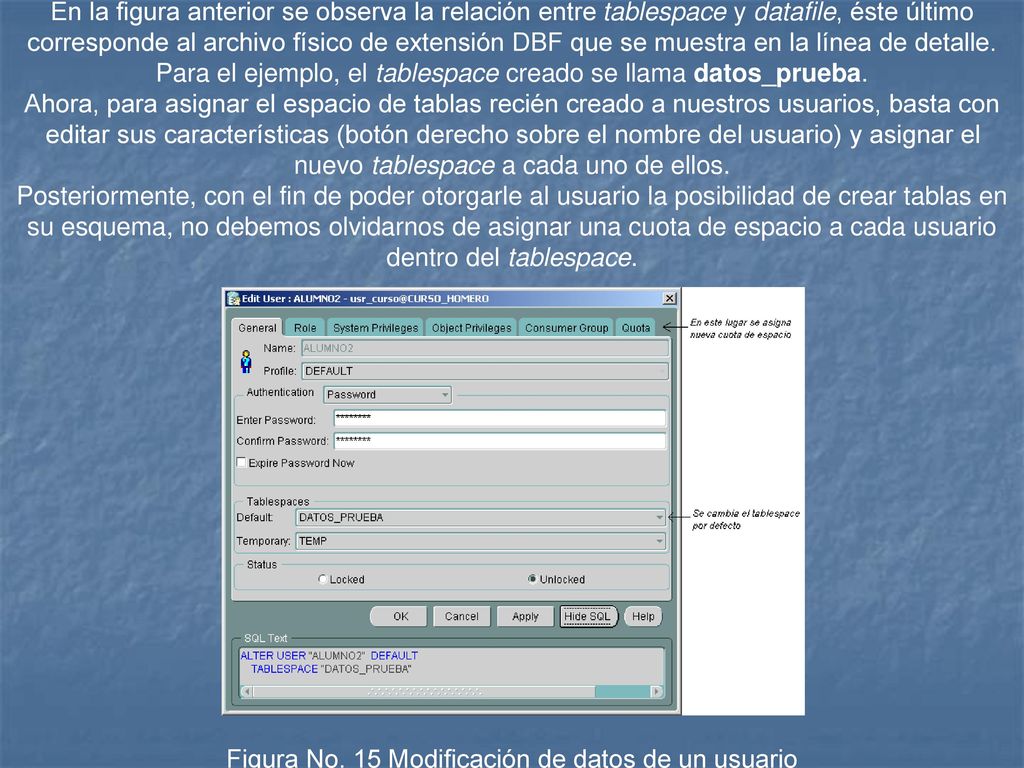 Para el ejemplo, el tablespace creado se llama datos_prueba.