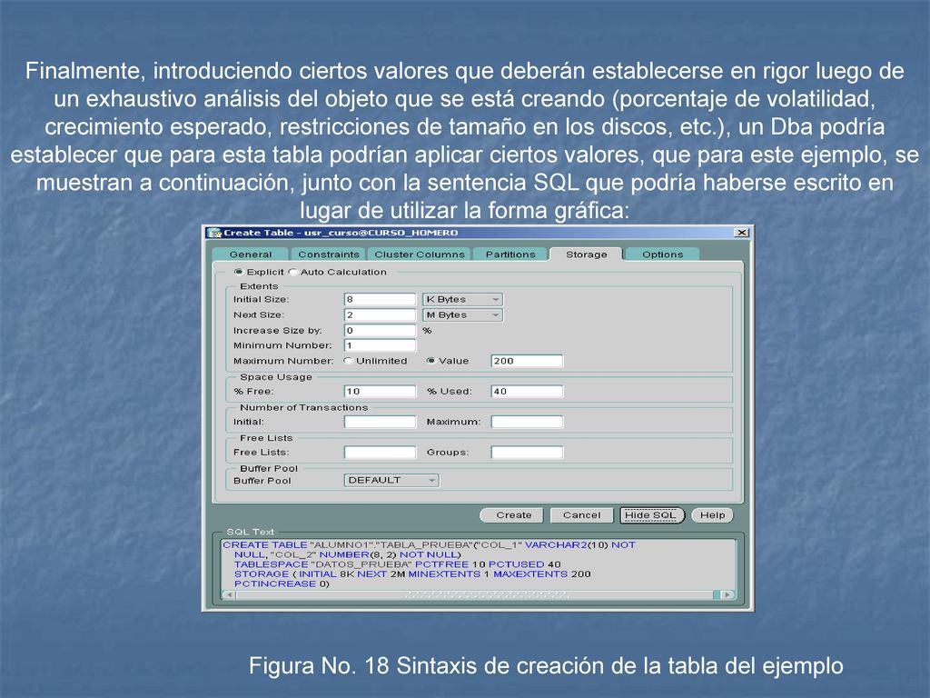 Figura No. 18 Sintaxis de creación de la tabla del ejemplo