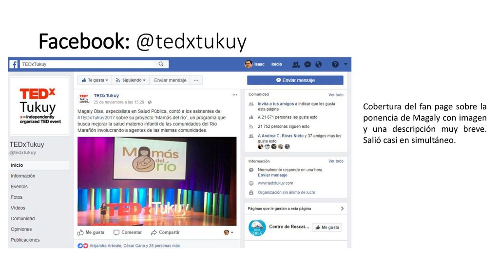 Cobertura del fan page sobre la ponencia de Magaly con imagen y una descripción muy breve.