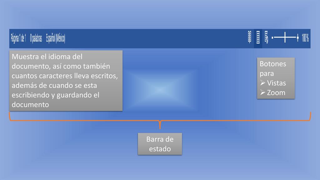 Muestra el idioma del documento, así como también cuantos caracteres lleva escritos, además de cuando se esta escribiendo y guardando el documento