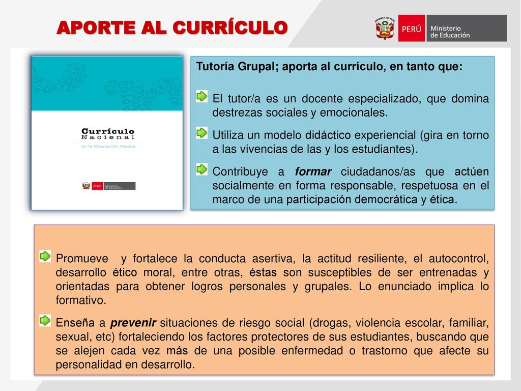 APORTE AL CURRÍCULO Tutoría Grupal; aporta al currículo, en tanto que:
