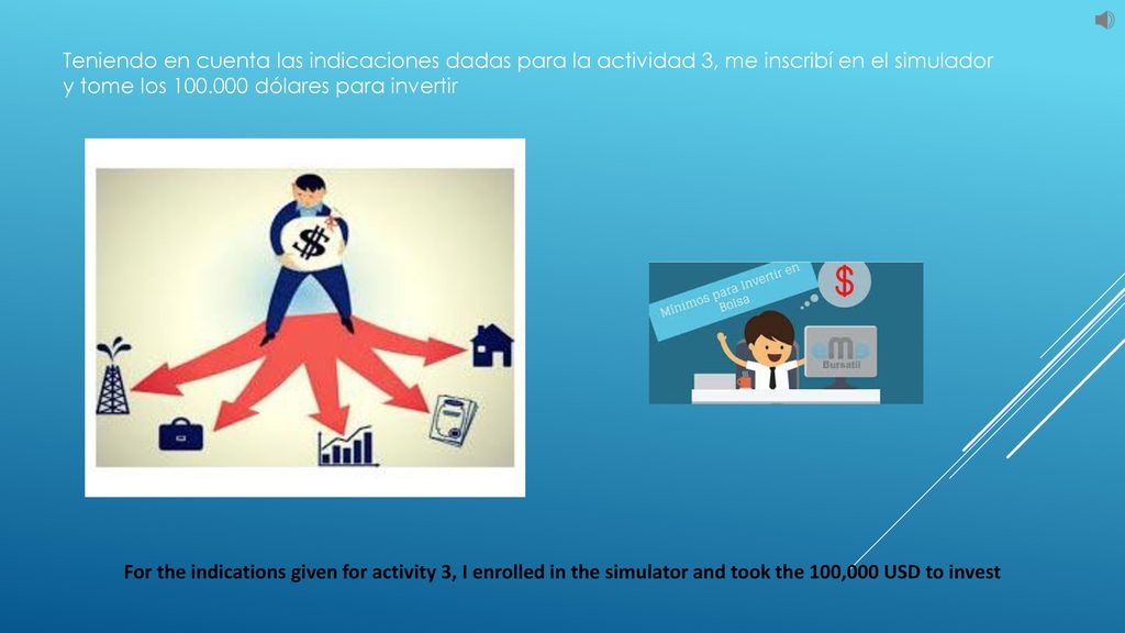 Teniendo en cuenta las indicaciones dadas para la actividad 3, me inscribí en el simulador y tome los dólares para invertir