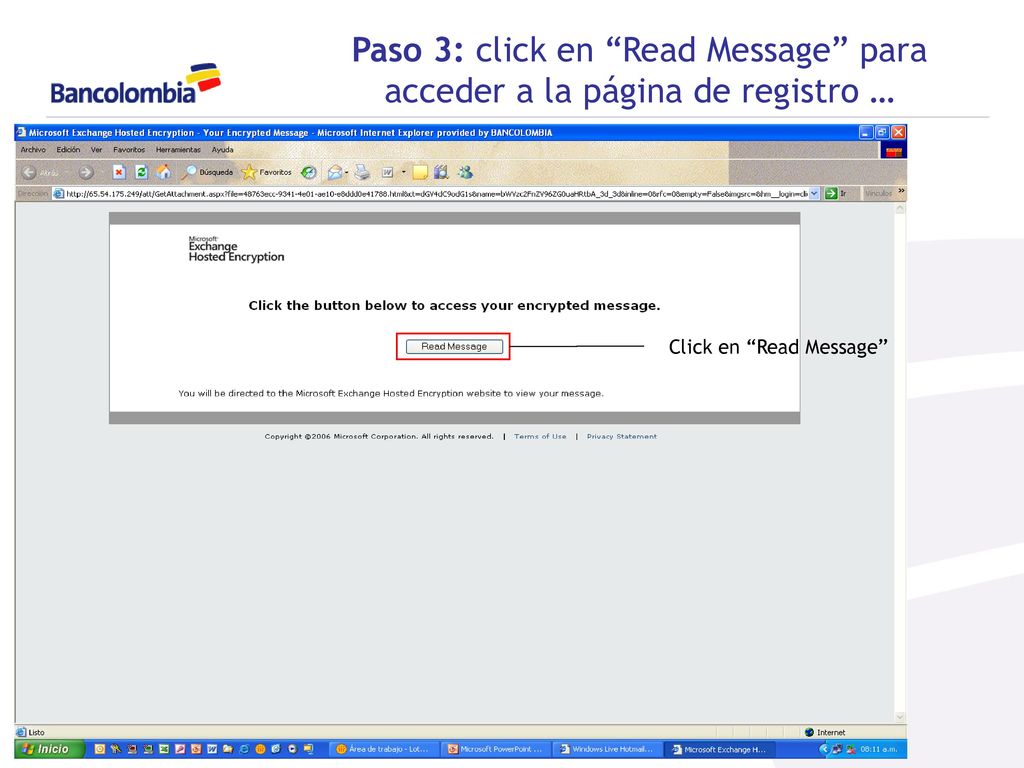 Paso 3: click en Read Message para acceder a la página de registro …