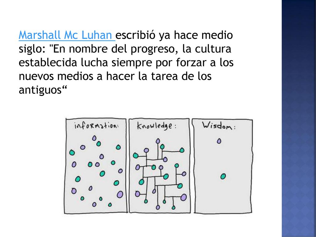 Marshall Mc Luhan escribió ya hace medio siglo: En nombre del progreso, la cultura establecida lucha siempre por forzar a los nuevos medios a hacer la tarea de los antiguos