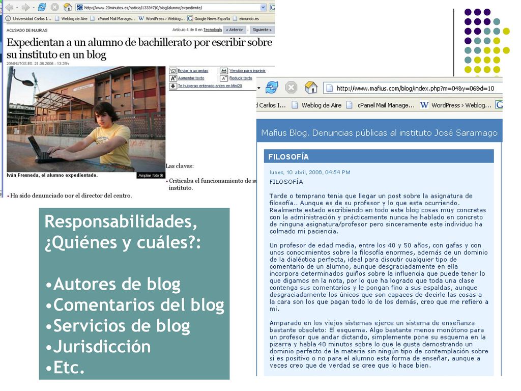 Responsabilidades, ¿Quiénes y cuáles : Autores de blog. Comentarios del blog. Servicios de blog.