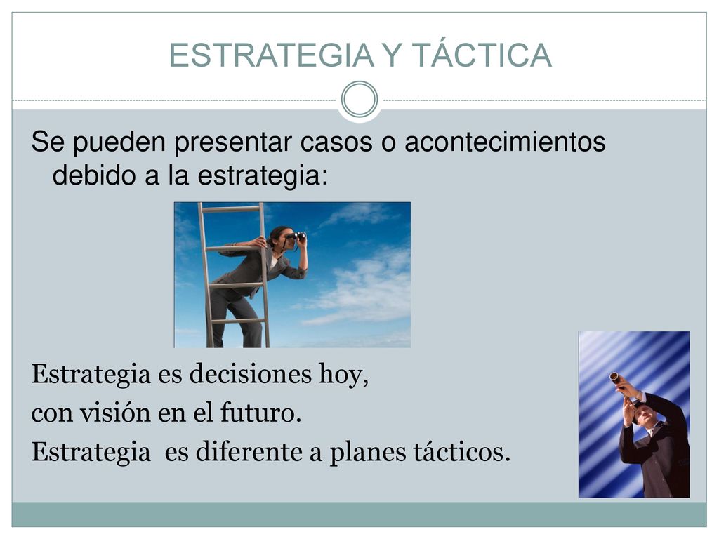 ESTRATEGIA Y TÁCTICA Se pueden presentar casos o acontecimientos debido a la estrategia: Estrategia es decisiones hoy,