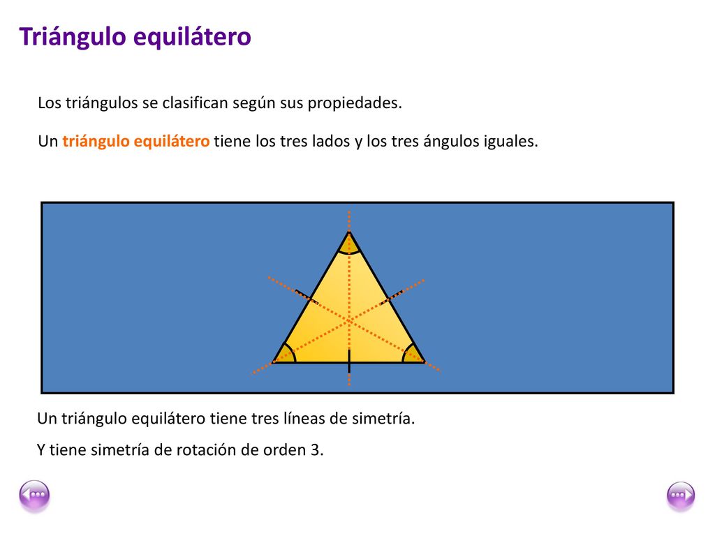 Triángulo equilátero Los triángulos se clasifican según sus propiedades. Un triángulo equilátero tiene los tres lados y los tres ángulos iguales.