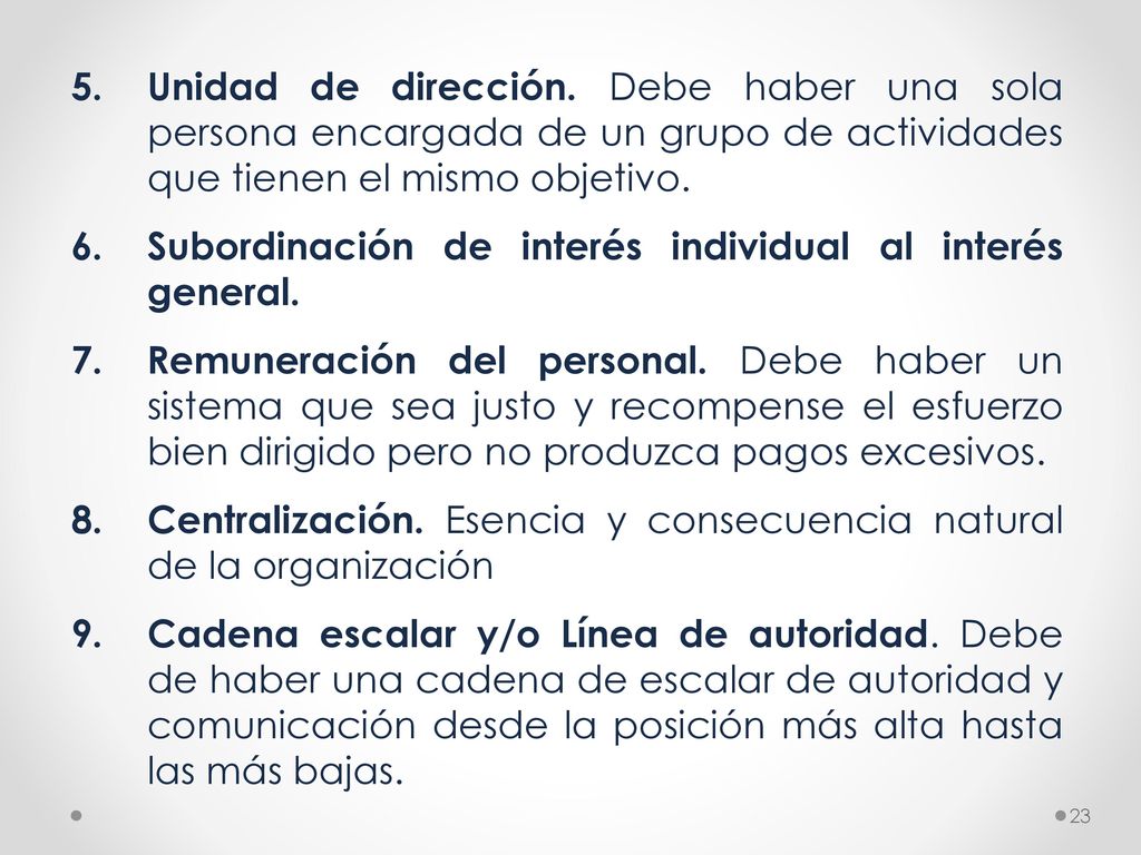 Unidad de dirección. Debe haber una sola persona encargada de un grupo de actividades que tienen el mismo objetivo.
