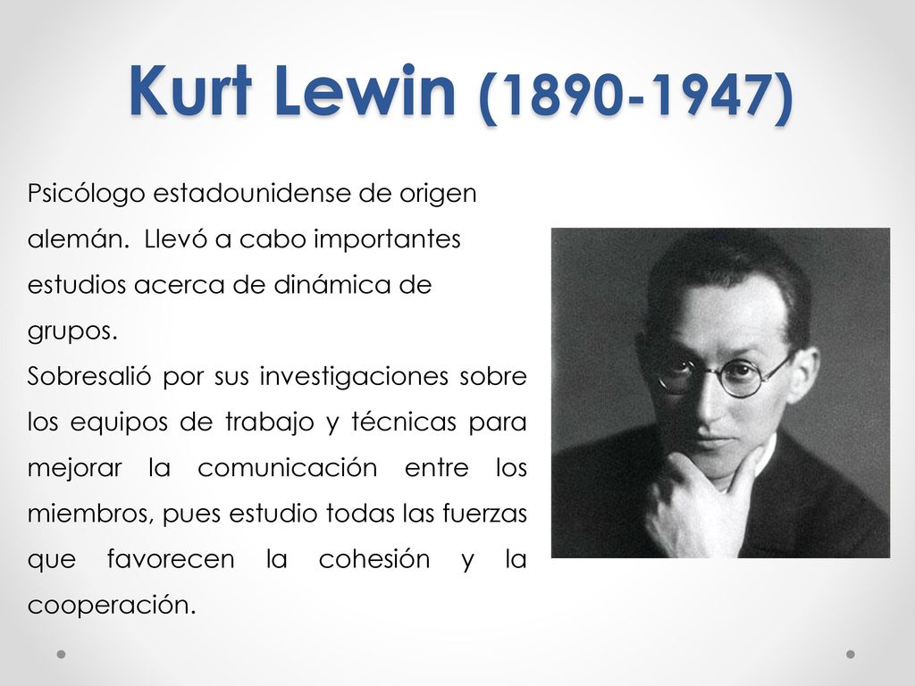 Kurt Lewin ( ) Psicólogo estadounidense de origen alemán. Llevó a cabo importantes estudios acerca de dinámica de grupos.