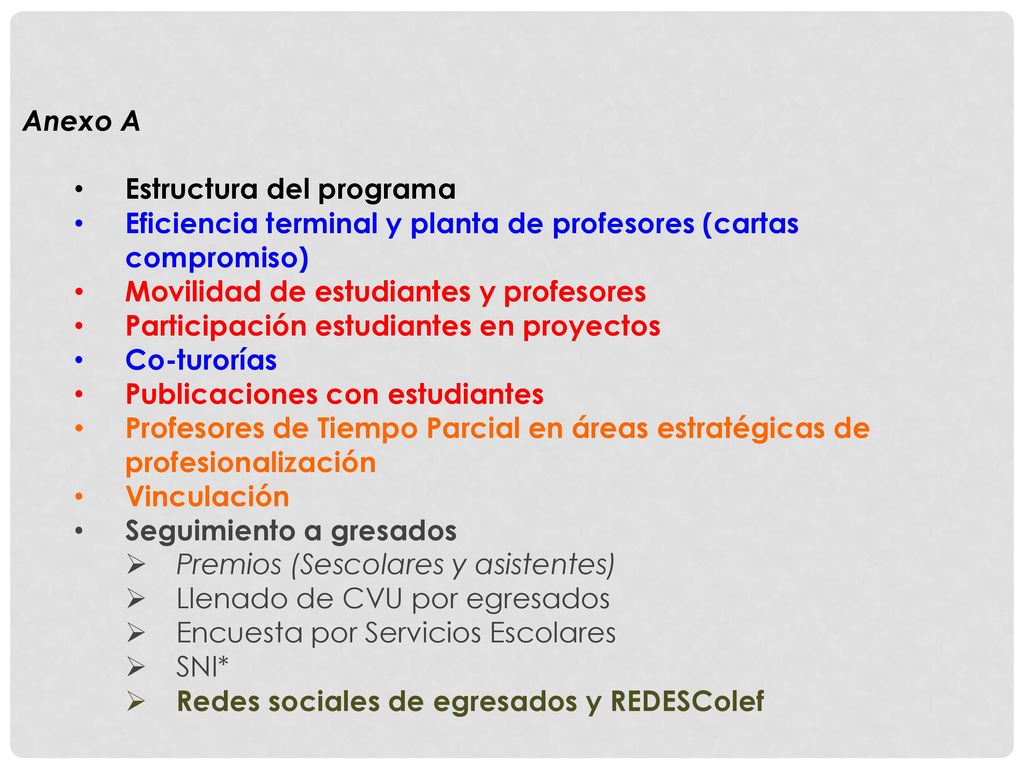 Anexo A Estructura del programa. Eficiencia terminal y planta de profesores (cartas compromiso) Movilidad de estudiantes y profesores.