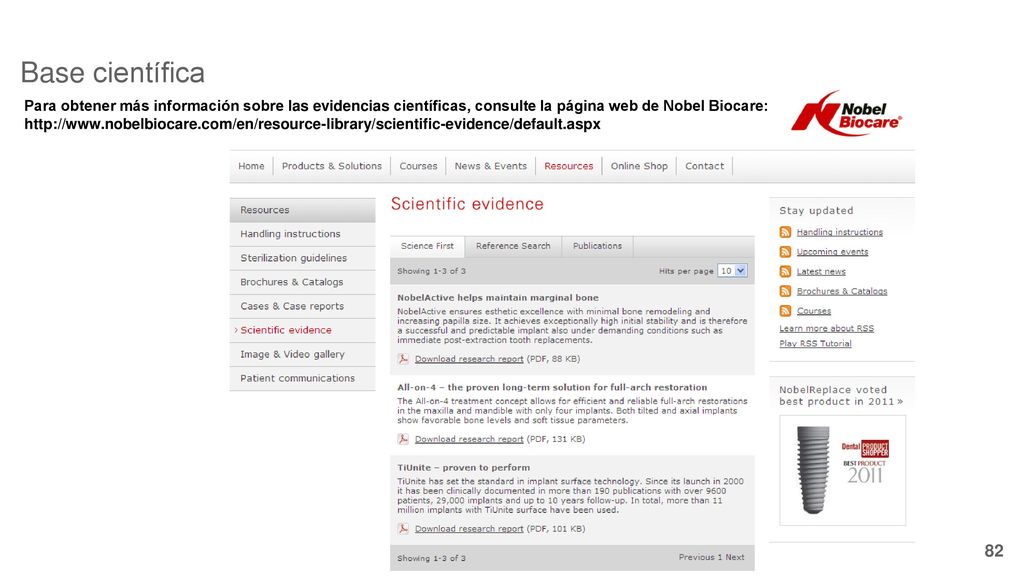 Base científica Para obtener más información sobre las evidencias científicas, consulte la página web de Nobel Biocare: