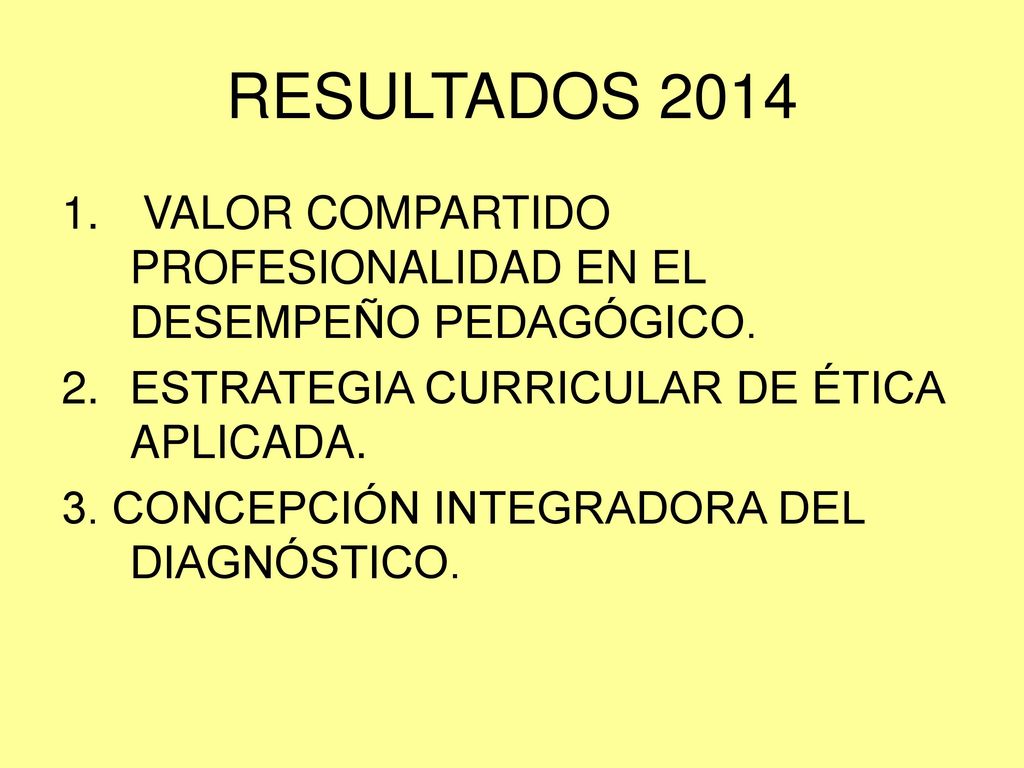 RESULTADOS 2014 VALOR COMPARTIDO PROFESIONALIDAD EN EL DESEMPEÑO PEDAGÓGICO. ESTRATEGIA CURRICULAR DE ÉTICA APLICADA.