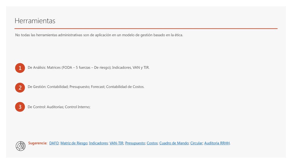 Herramientas No todas las herramientas administrativas son de aplicación en un modelo de gestión basado en la ética.