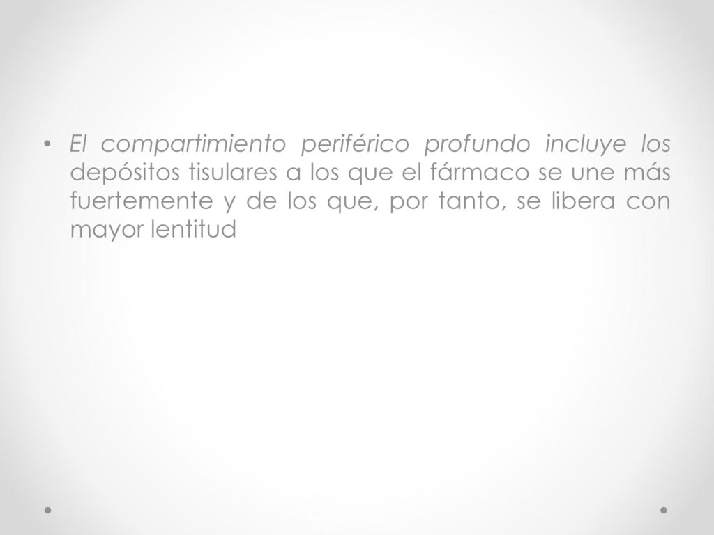 El compartimiento periférico profundo incluye los depósitos tisulares a los que el fármaco se une más fuertemente y de los que, por tanto, se libera con mayor lentitud