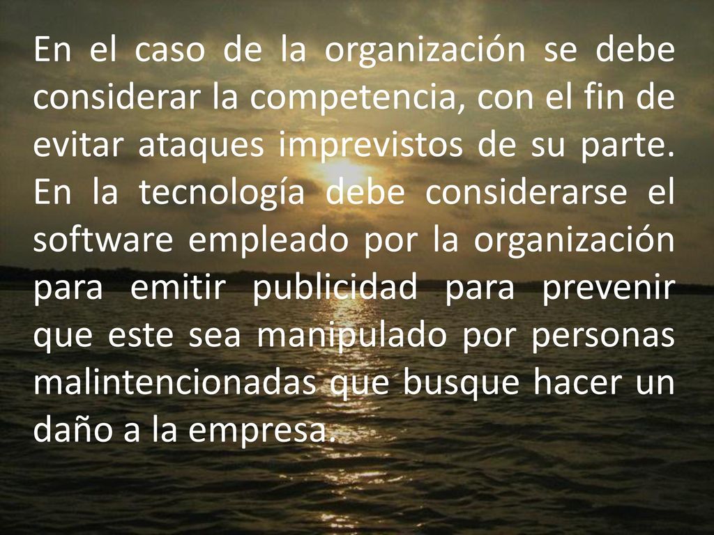 En el caso de la organización se debe considerar la competencia, con el fin de evitar ataques imprevistos de su parte.