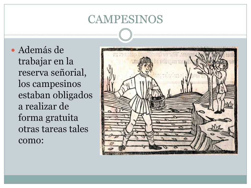 CAMPESINOS Además de trabajar en la reserva señorial, los campesinos estaban obligados a realizar de forma gratuita otras tareas tales como:
