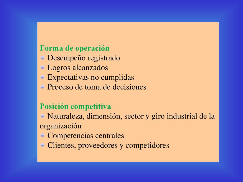 Forma de operación. Desempeño registrado. Logros alcanzados. Expectativas no cumplidas. Proceso de toma de decisiones.