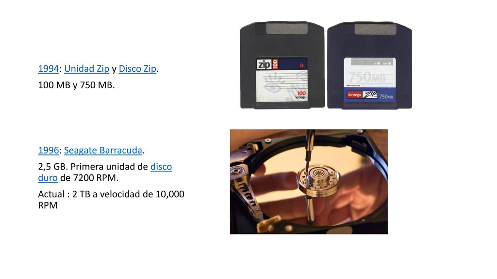 1994: Unidad Zip y Disco Zip. 100 MB y 750 MB. 1996: Seagate Barracuda. 2,5 GB. Primera unidad de disco duro de 7200 RPM.
