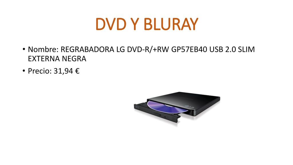 DVD Y BLURAY Nombre: REGRABADORA LG DVD-R/+RW GP57EB40 USB 2.0 SLIM EXTERNA NEGRA Precio: 31,94 €