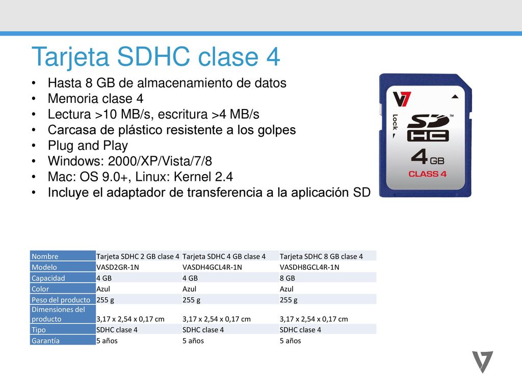 Tarjeta SDHC clase 4 Hasta 8 GB de almacenamiento de datos
