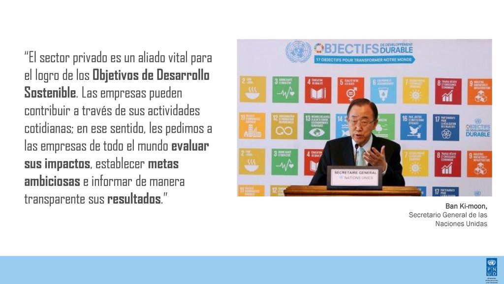 El sector privado es un aliado vital para el logro de los Objetivos de Desarrollo Sostenible. Las empresas pueden contribuir a través de sus actividades cotidianas; en ese sentido, les pedimos a las empresas de todo el mundo evaluar sus impactos, establecer metas ambiciosas e informar de manera transparente sus resultados.