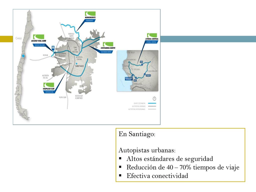 En Santiago: Autopistas urbanas: Altos estándares de seguridad. Reducción de 40 – 70% tiempos de viaje.