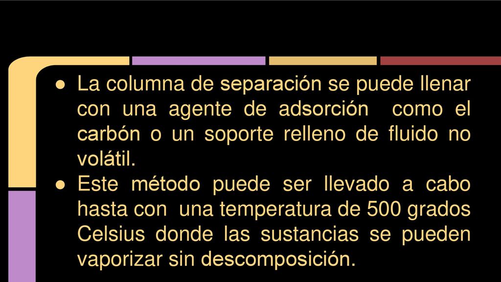 La columna de separación se puede llenar con una agente de adsorción como el carbón o un soporte relleno de fluido no volátil.