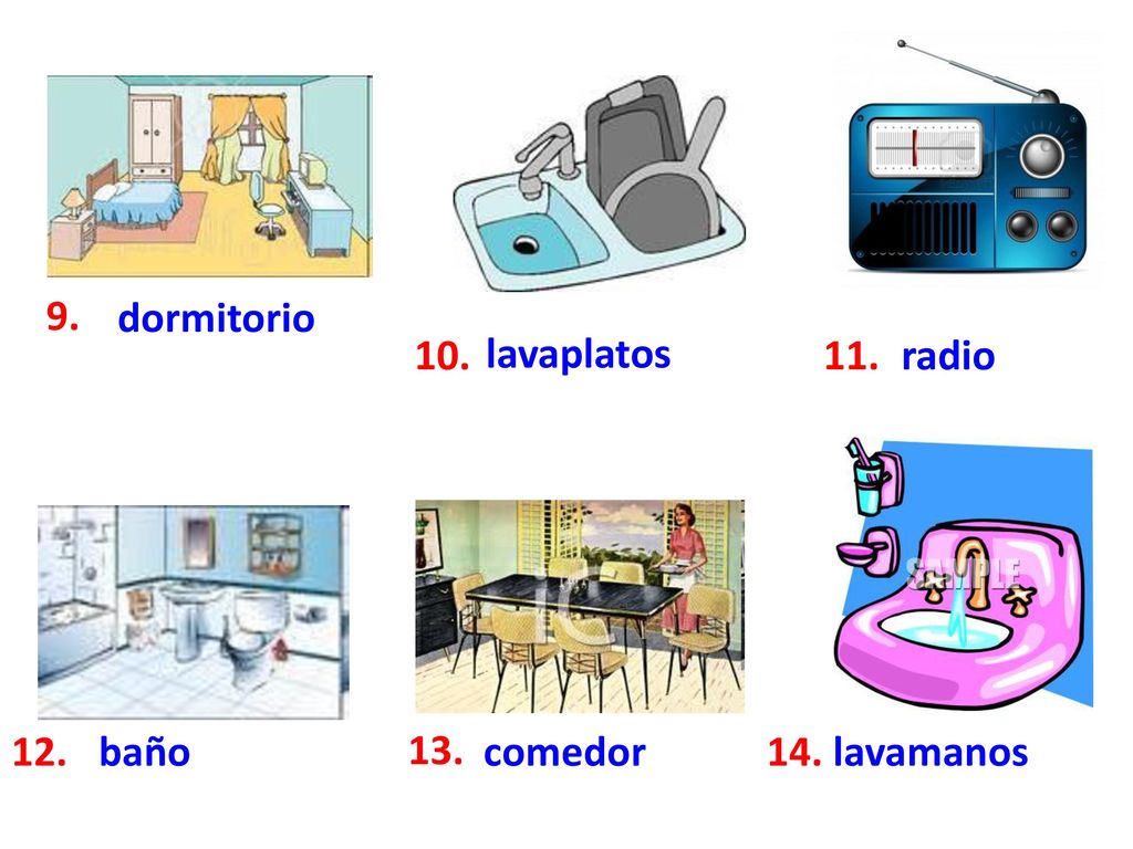 9. dormitorio 10. lavaplatos 11. radio 12. baño 13. comedor 14. lavamanos