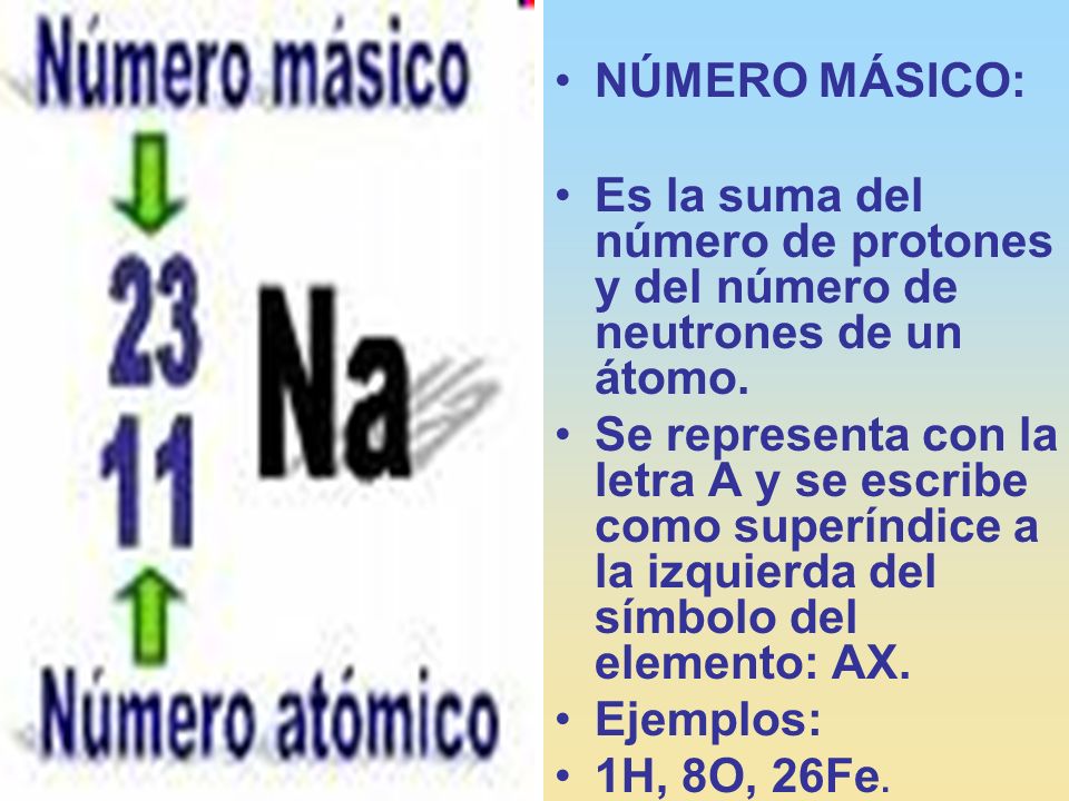 NÚMERO MÁSICO: Es la suma del número de protones y del número de neutrones de un átomo.