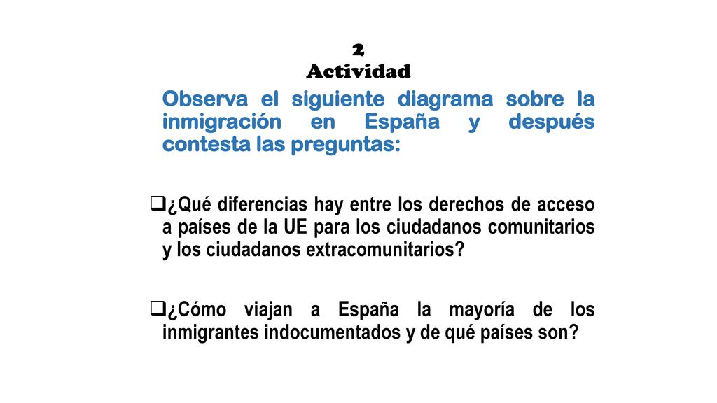 2 Actividad Observa el siguiente diagrama sobre la inmigración en España y después contesta las preguntas: