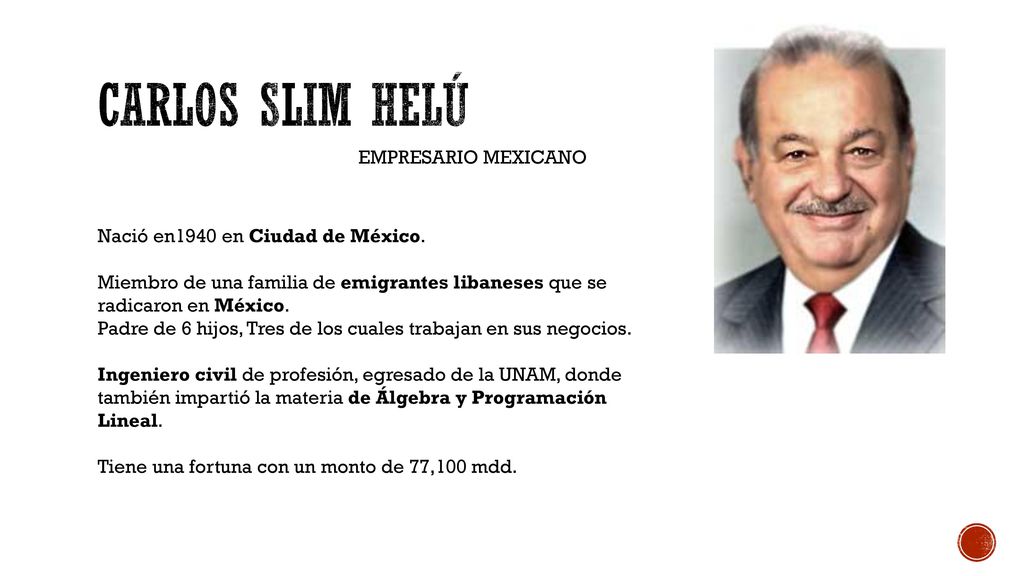 CARLOS SLIM HELÚ EMPRESARIO MEXICANO Nació en1940 en Ciudad de México.