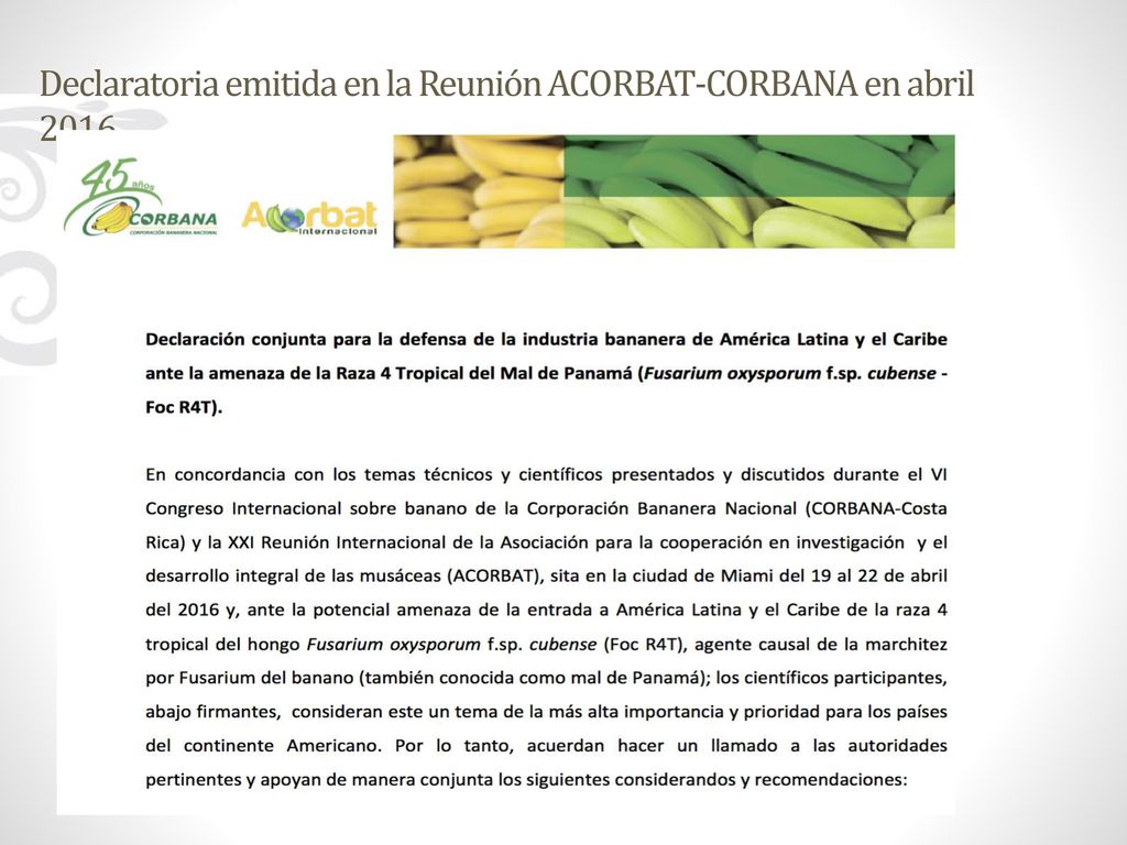 Declaratoria emitida en la Reunión ACORBAT-CORBANA en abril 2016
