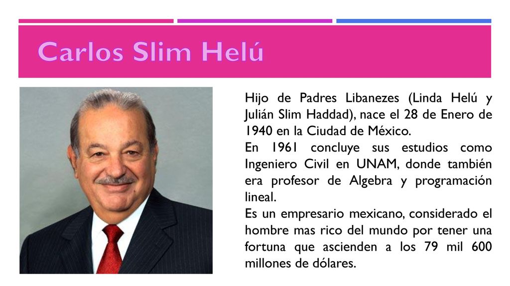 Carlos Slim Helú Hijo de Padres Libanezes (Linda Helú y Julián Slim Haddad), nace el 28 de Enero de 1940 en la Ciudad de México.